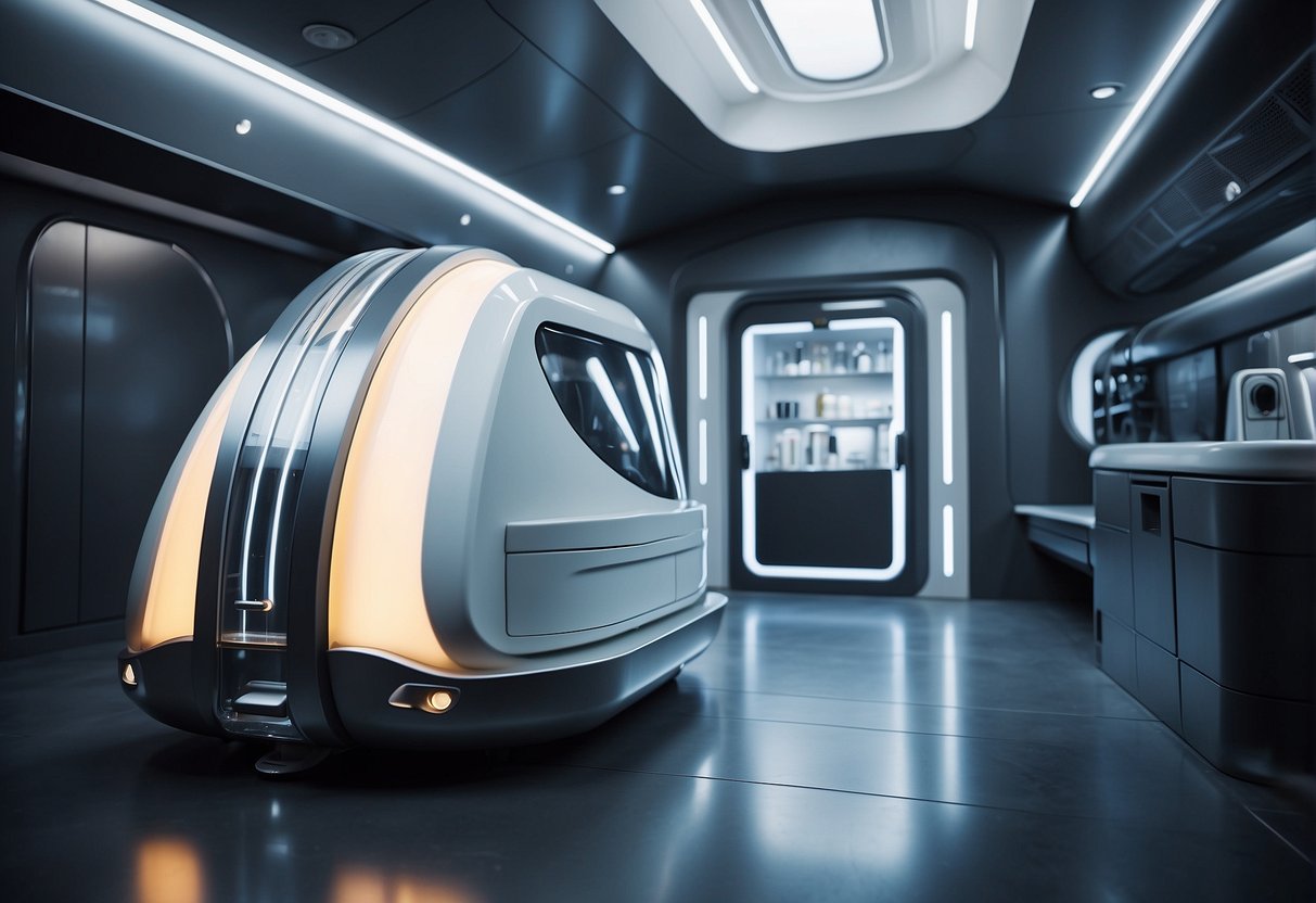 A compact, futuristic space capsule with sleek, sterile surfaces. A dispenser of disinfectant wipes and a vacuum system for waste management