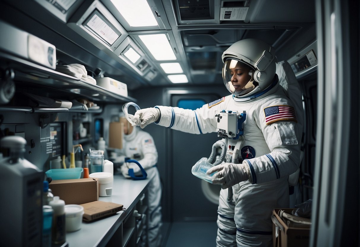 Astronauts conducting hygiene routines in a small, cluttered space station. Cleaning equipment and personal care items are neatly organized on shelves and secured to the walls