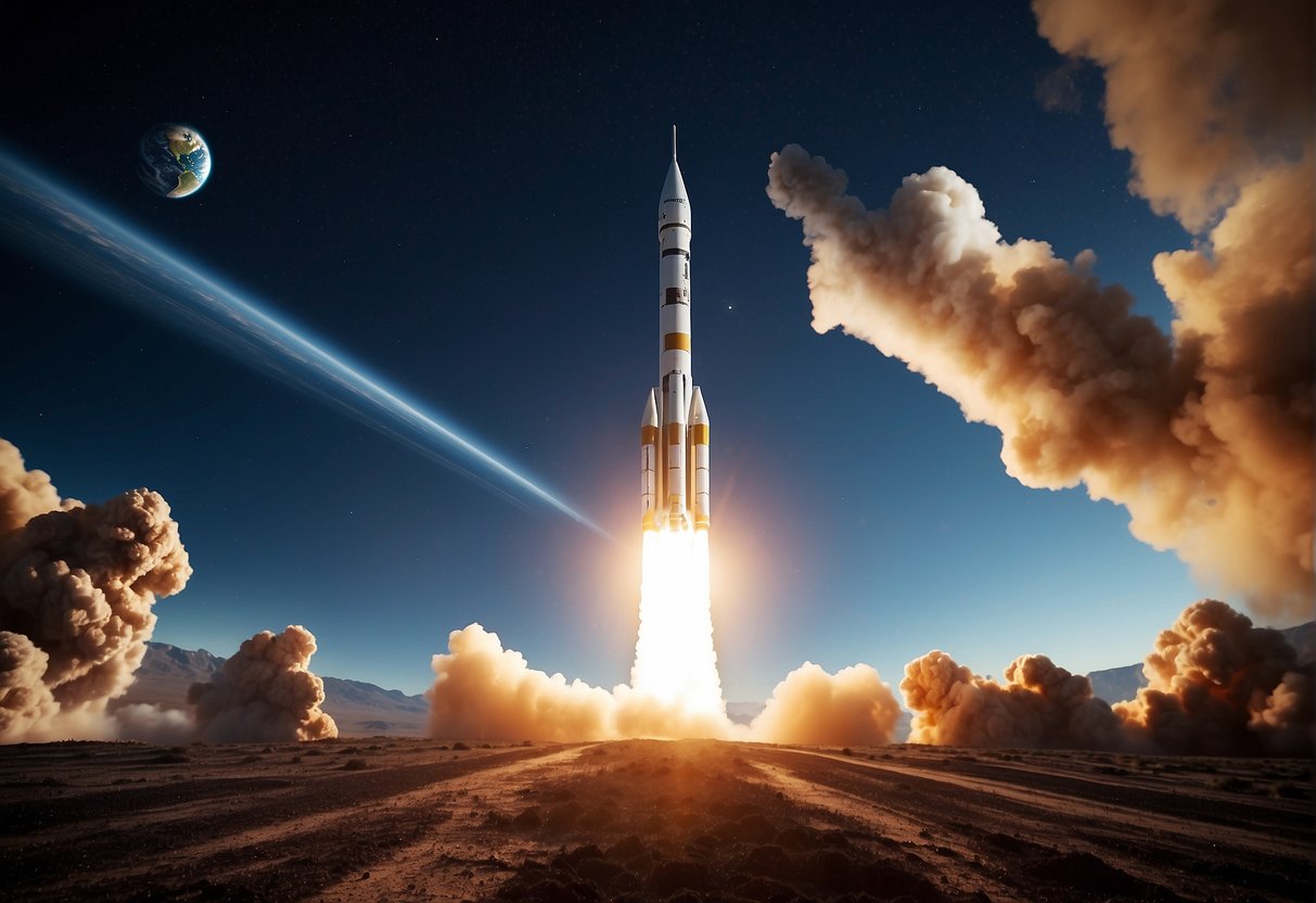 A rocket launches into space, with Earth in the background. Satellites orbit the planet, connecting global economies