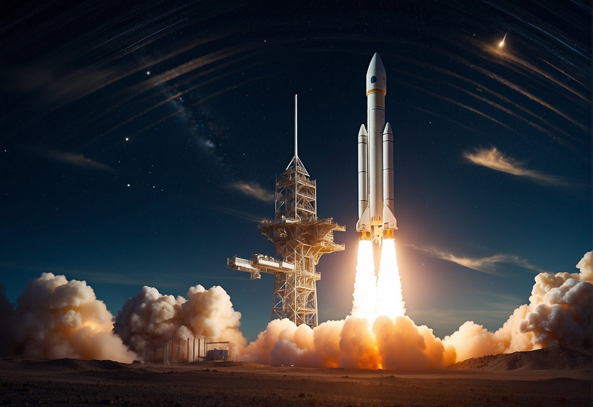 A rocket launches from Earth, surrounded by a network of financial transactions and investments, symbolizing the intersection of space exploration and the global economy