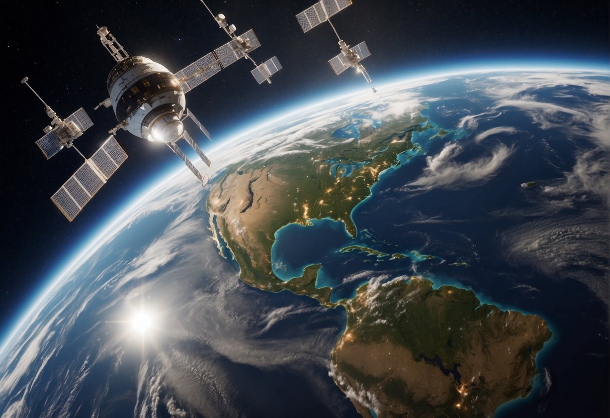 Multiple spacecrafts orbiting Earth, with communication satellites linking to ground stations. Advanced technology and data exchange symbolize global economic impact