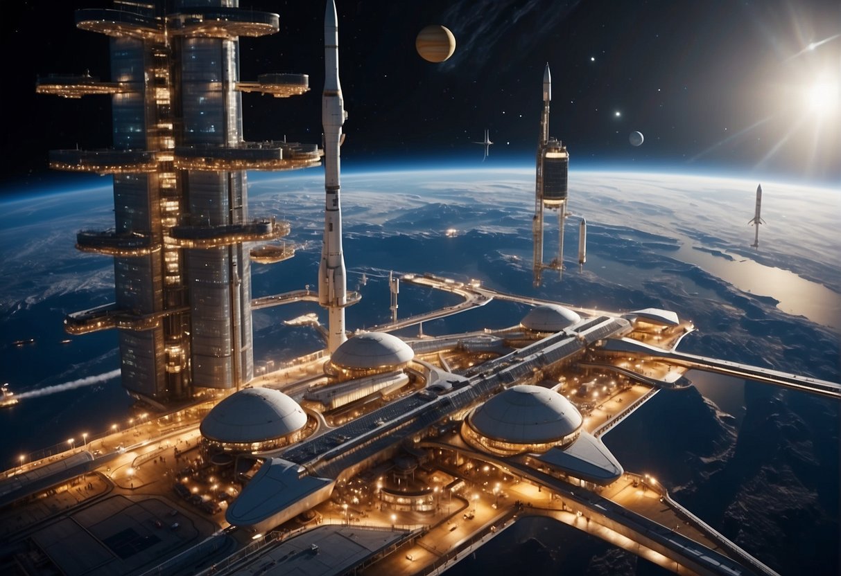 A bustling spaceport with rockets launching, cargo ships docking, and workers maintaining infrastructure. A network of communication satellites orbits above, connecting the space economy with Earth