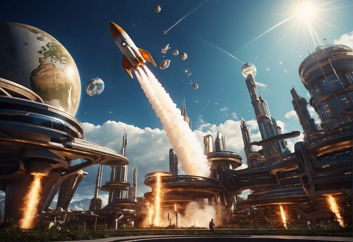 A rocket launches from a futuristic spaceport, with Earth in the background and various global currency symbols orbiting around it