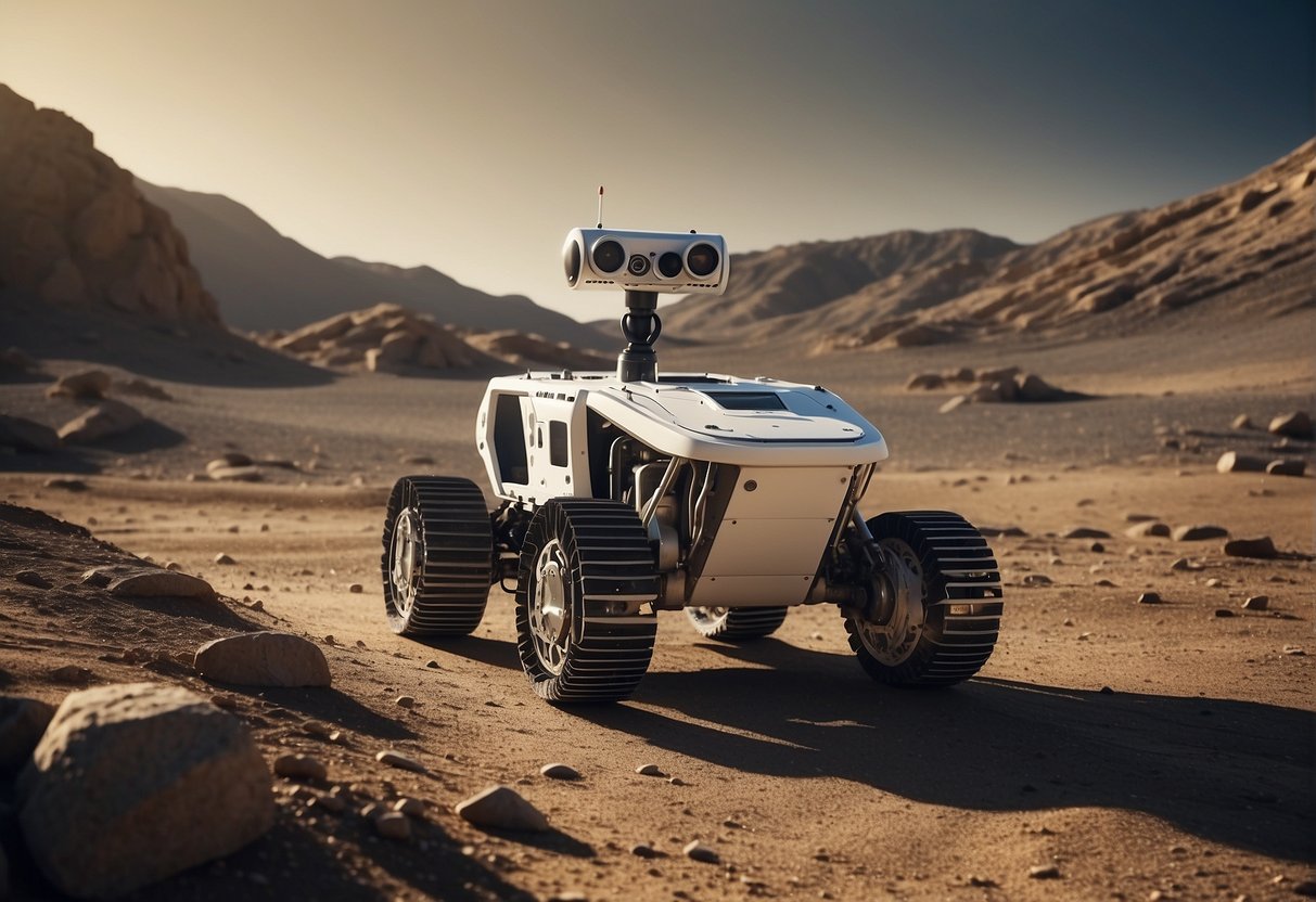 A robotic rover navigates rugged lunar terrain, equipped with advanced exploration technologies for mapping and analyzing the surface