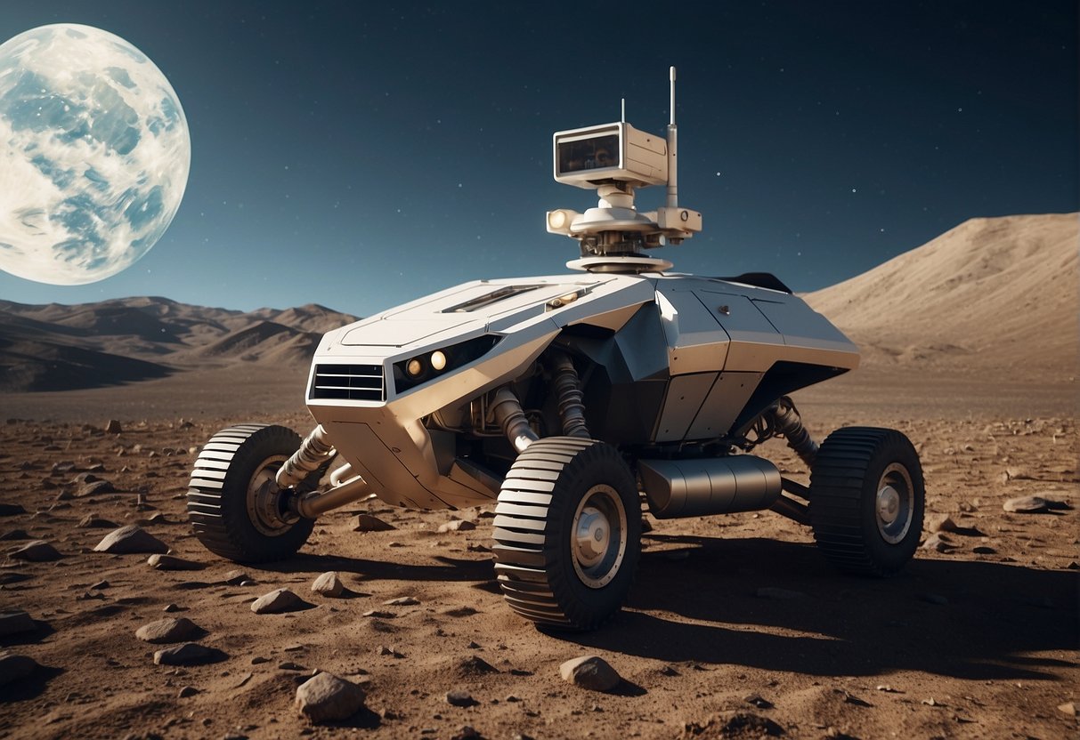 A futuristic rover navigates across the rugged terrain of the moon, while a satellite orbits overhead, providing real-time navigation updates