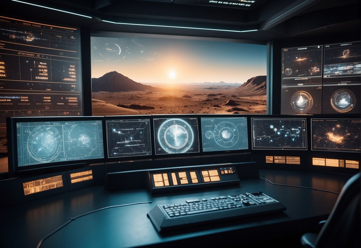 A futuristic control room with holographic maps of the moon and Mars, displaying advanced navigation systems and cutting-edge technology