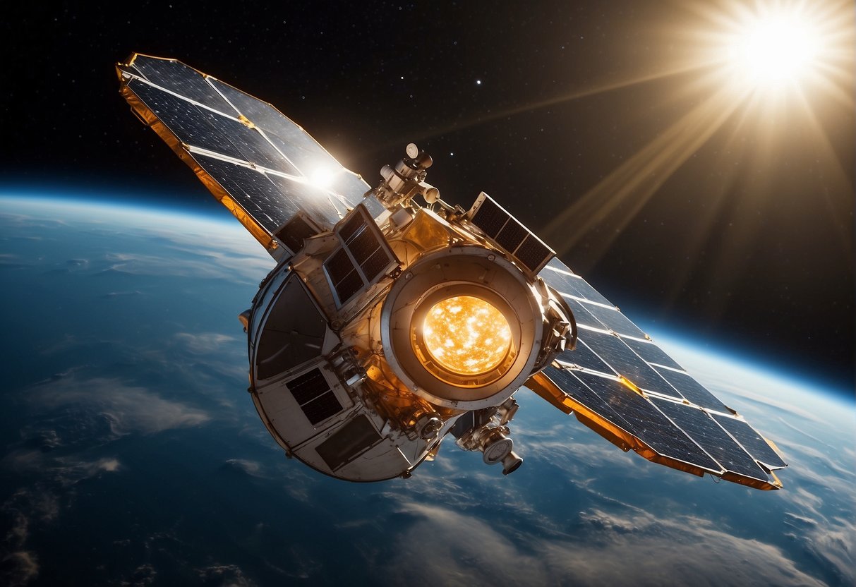 A spacecraft's solar panels extend, capturing the sun's energy. Backup batteries stand ready, ensuring power reliability in the depths of space