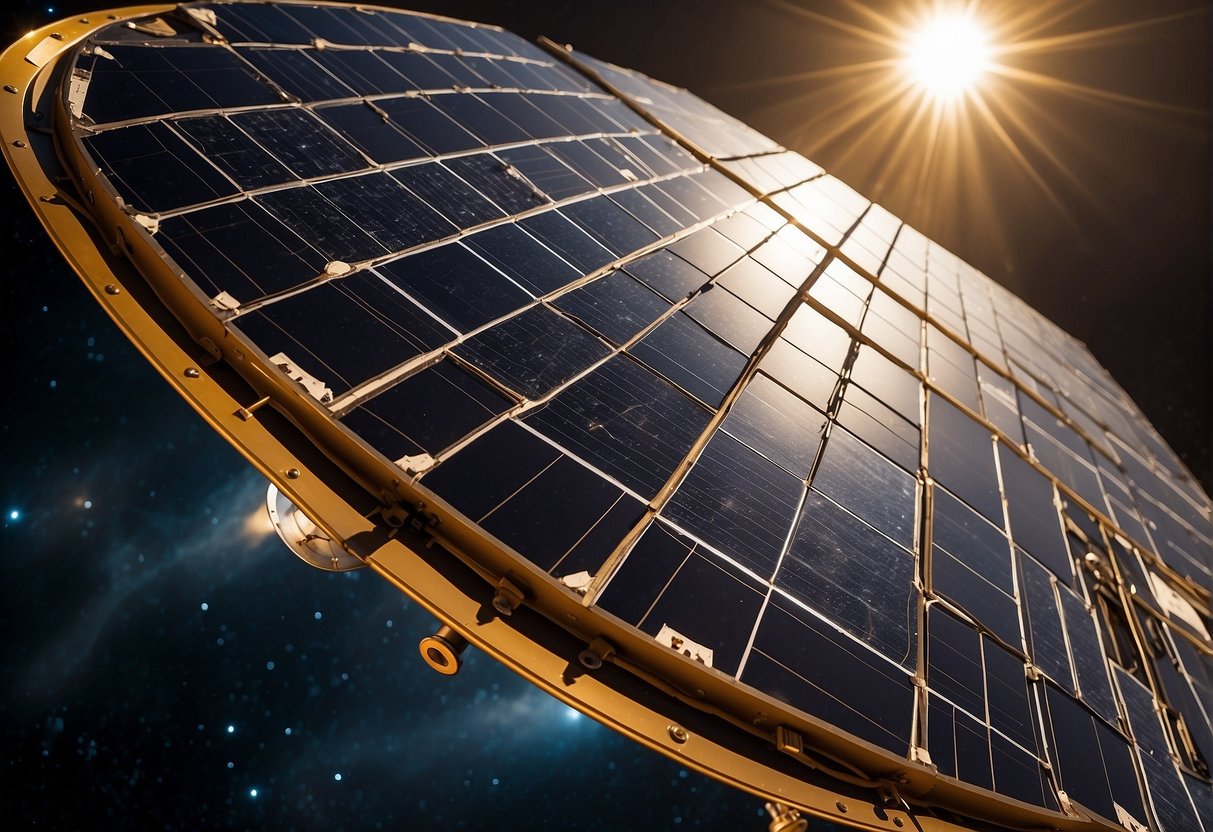 A solar panel array extends from a spacecraft, capturing sunlight in the vastness of space. The panels are angled towards the sun, providing reliable power generation far from its warmth