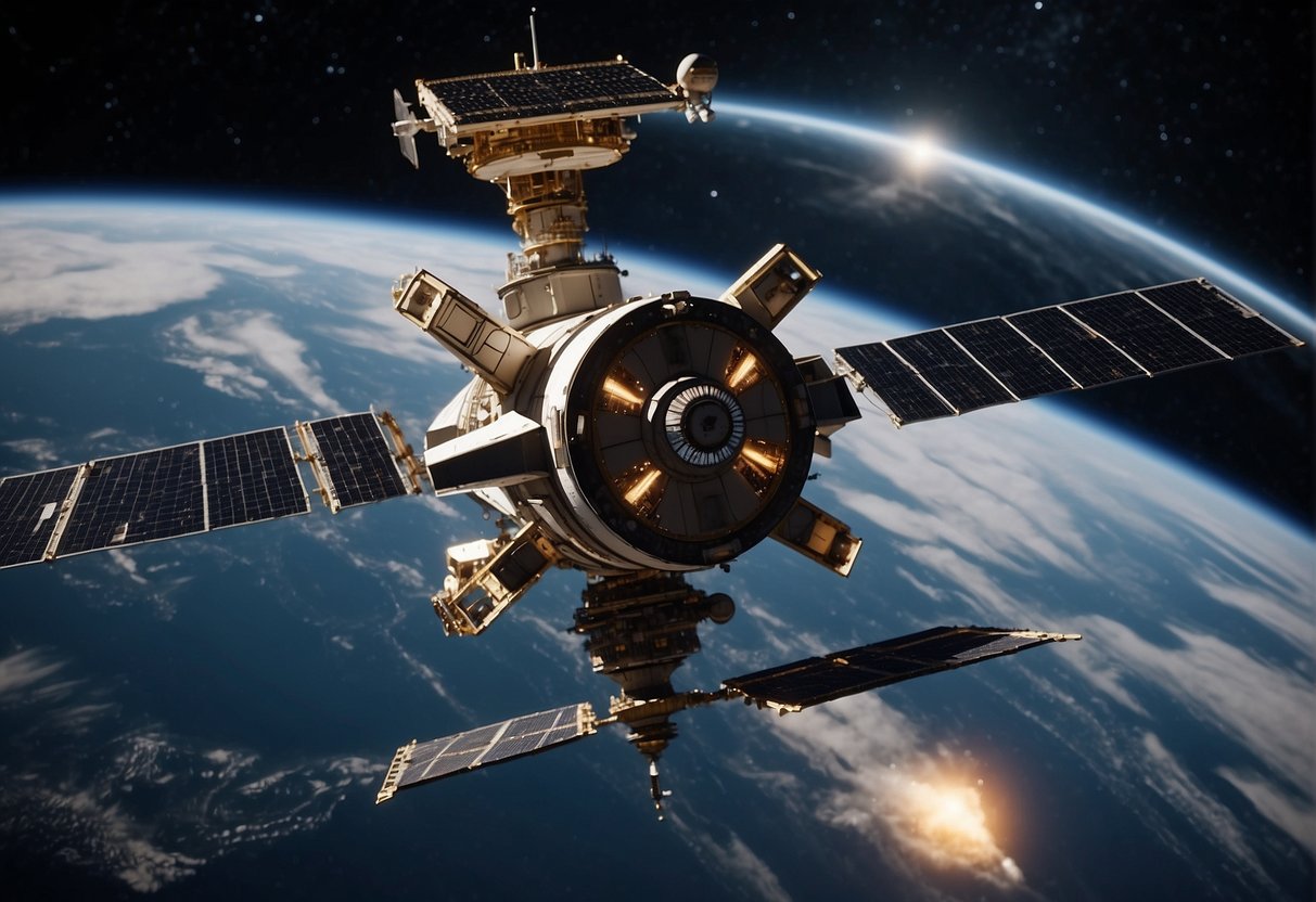 Spacecraft maneuver to avoid collision, while ground control monitors and coordinates traffic in Earth's orbit. A satellite experiences technical difficulties, prompting swift response from mission control