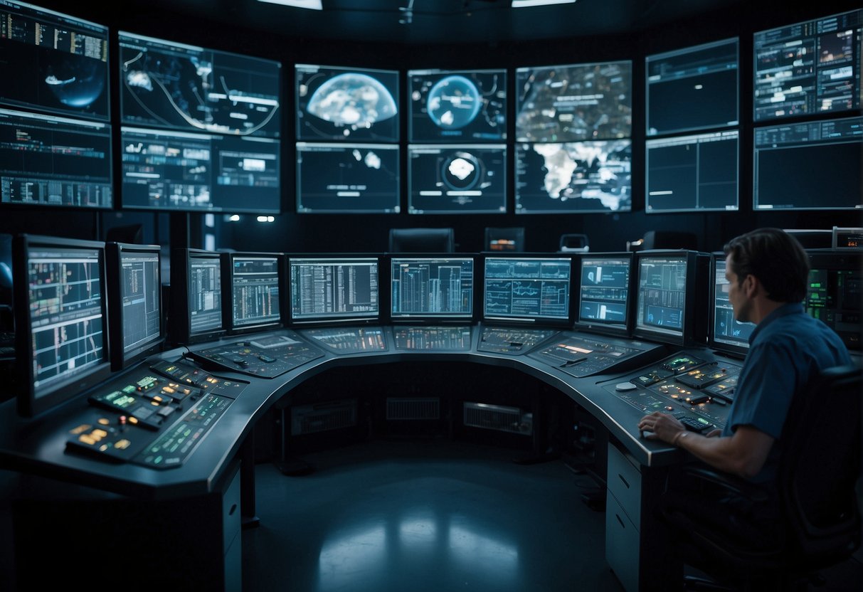 A control room with multiple screens displaying data, technicians in motion, and a sense of urgency as they work to resolve in-orbit anomalies