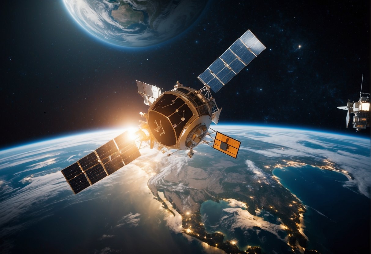 global disaster response - Satellites orbiting Earth, transmitting data to ground stations for disaster response coordination