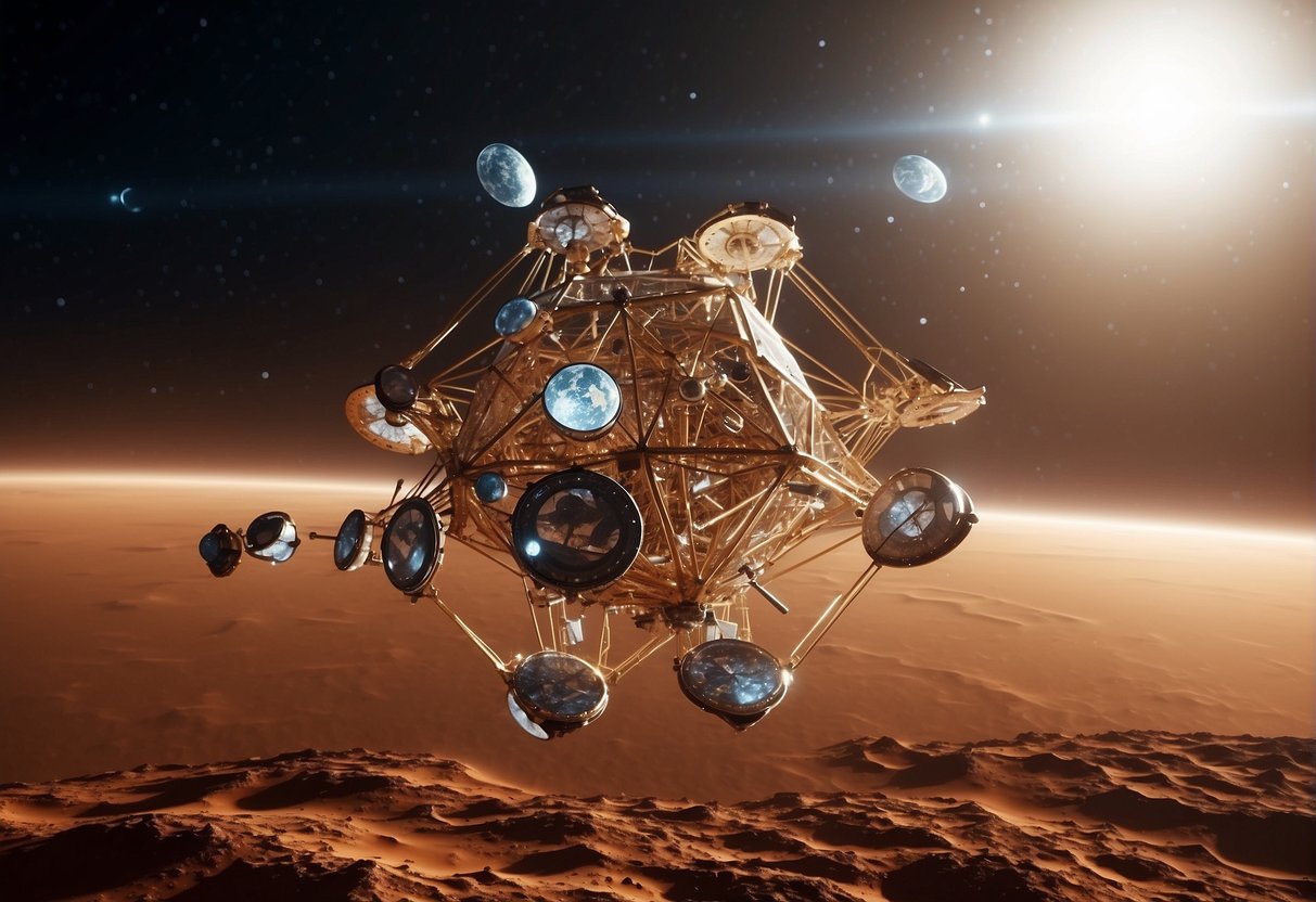 A network of satellites orbiting Mars, transmitting data across the vast expanse of space. A central hub on the red planet connects to Earth, ensuring seamless interplanetary communication