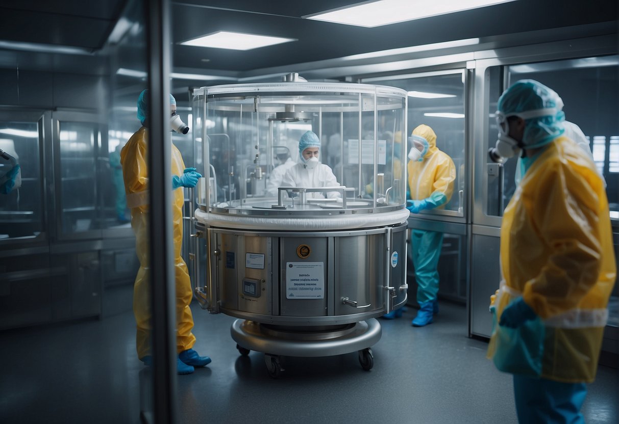Spacecraft Quarantine Procedures - A spacecraft is sealed in a sterile chamber, surrounded by decontamination equipment and quarantine signs, with scientists in protective gear monitoring the process