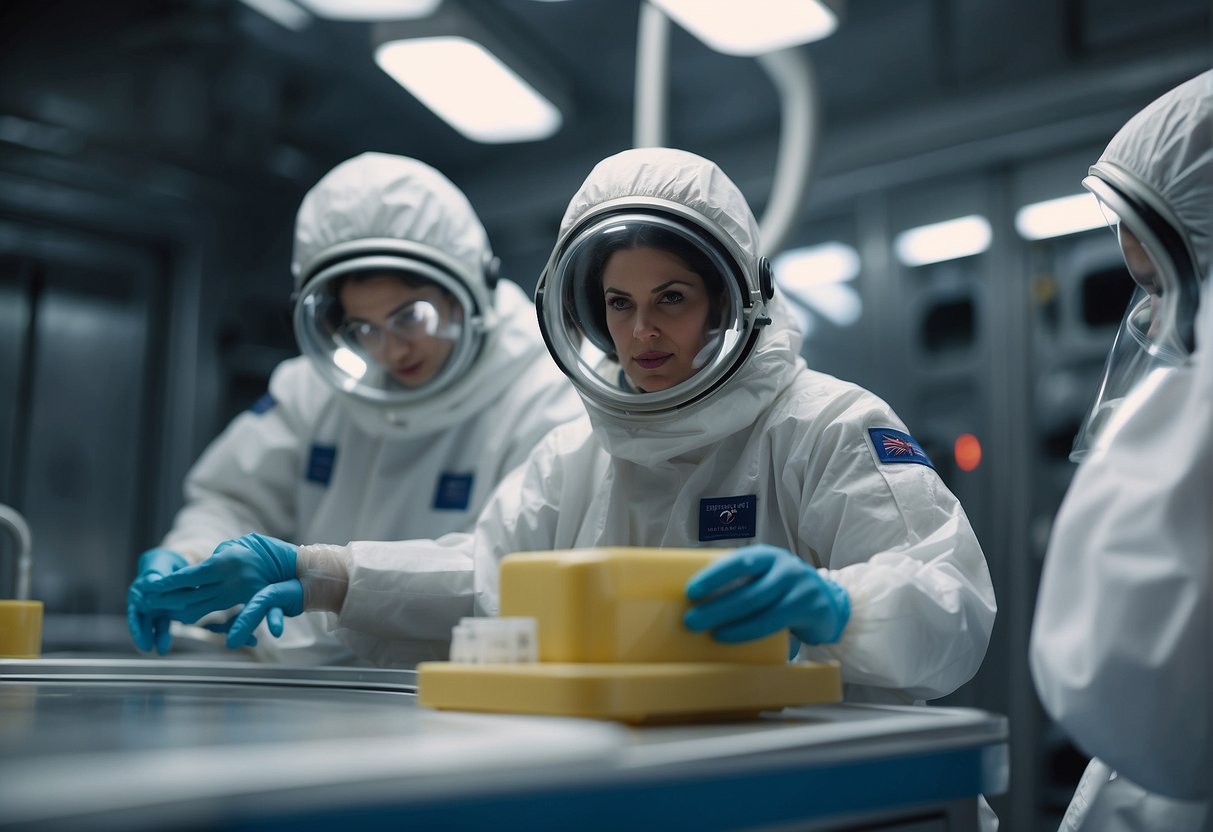 A spacecraft is sealed in a sterile environment. Airlocks and decontamination chambers are visible. Technicians in protective suits monitor contamination levels