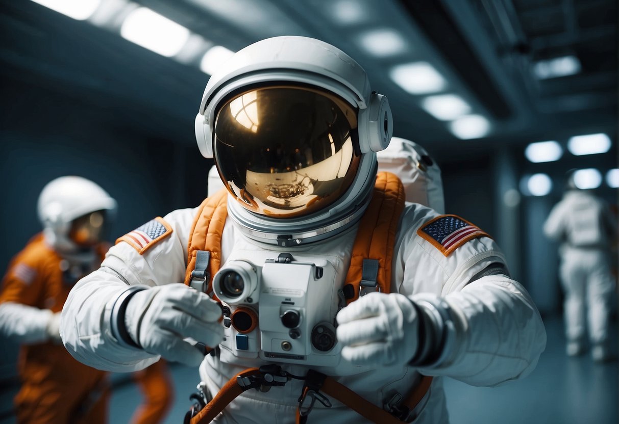 Astronaut in EVA suit practicing safety protocols in new environment