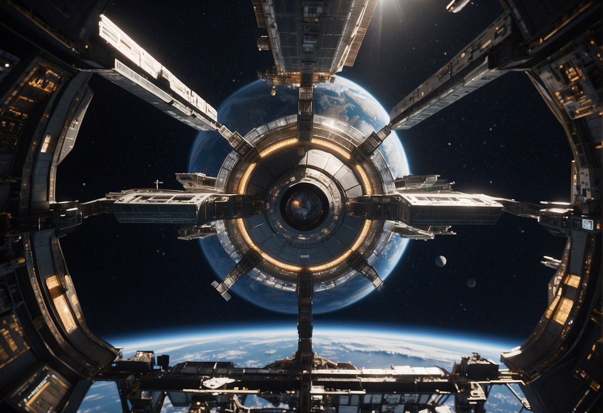 Private Space Stations - A private space station orbits Earth, surrounded by debris. Regulatory officials monitor from the ground, while engineers troubleshoot operational challenges onboard