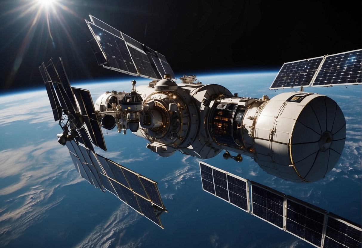 A private space station orbits Earth, facing operational and regulatory challenges. Modules connect, solar panels power the station, and supply ships dock