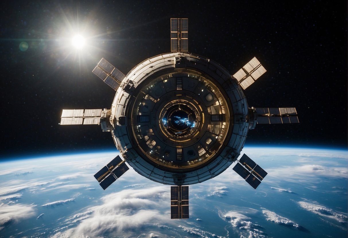 A private space station orbits Earth, symbolizing the rise of private space ventures. Regulatory challenges loom as nations seek to maintain national security and space sovereignty