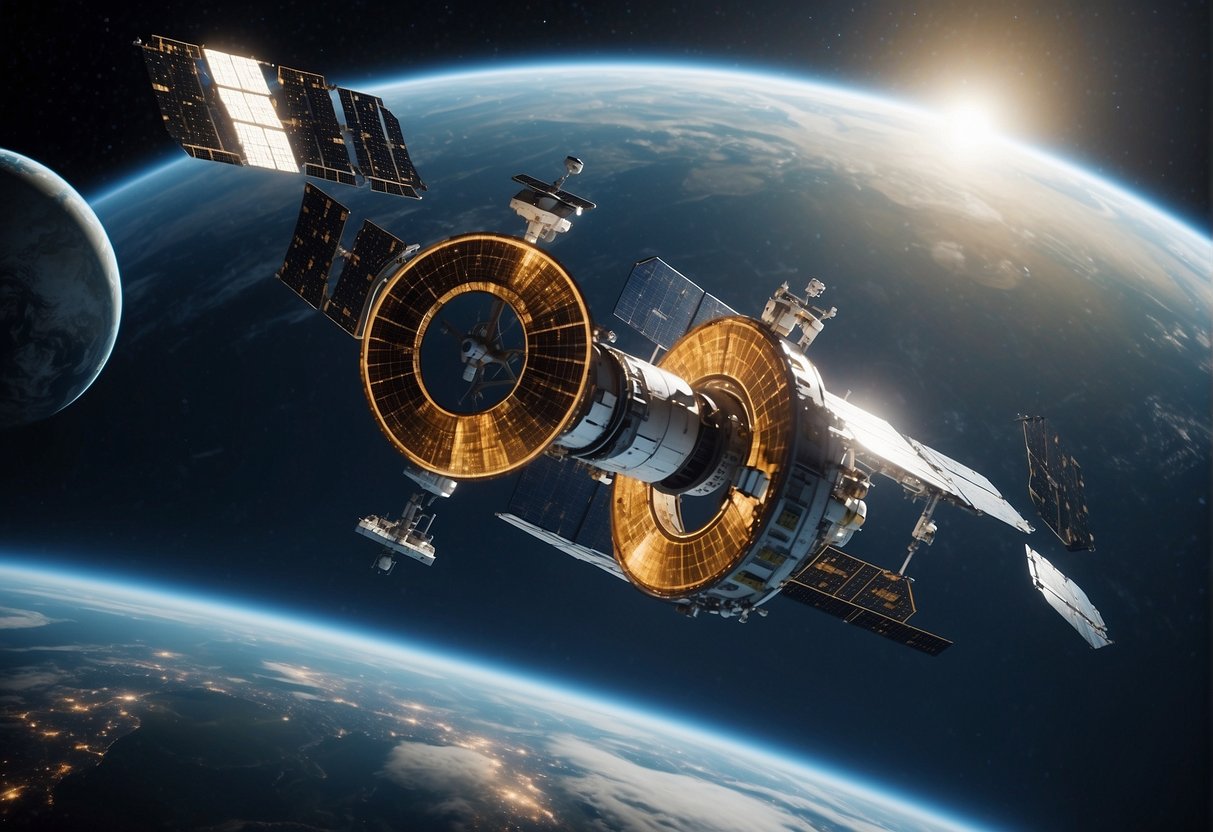 A private space station orbits Earth, surrounded by satellites. Economic impact and market dynamics are illustrated through bustling activity and regulatory challenges