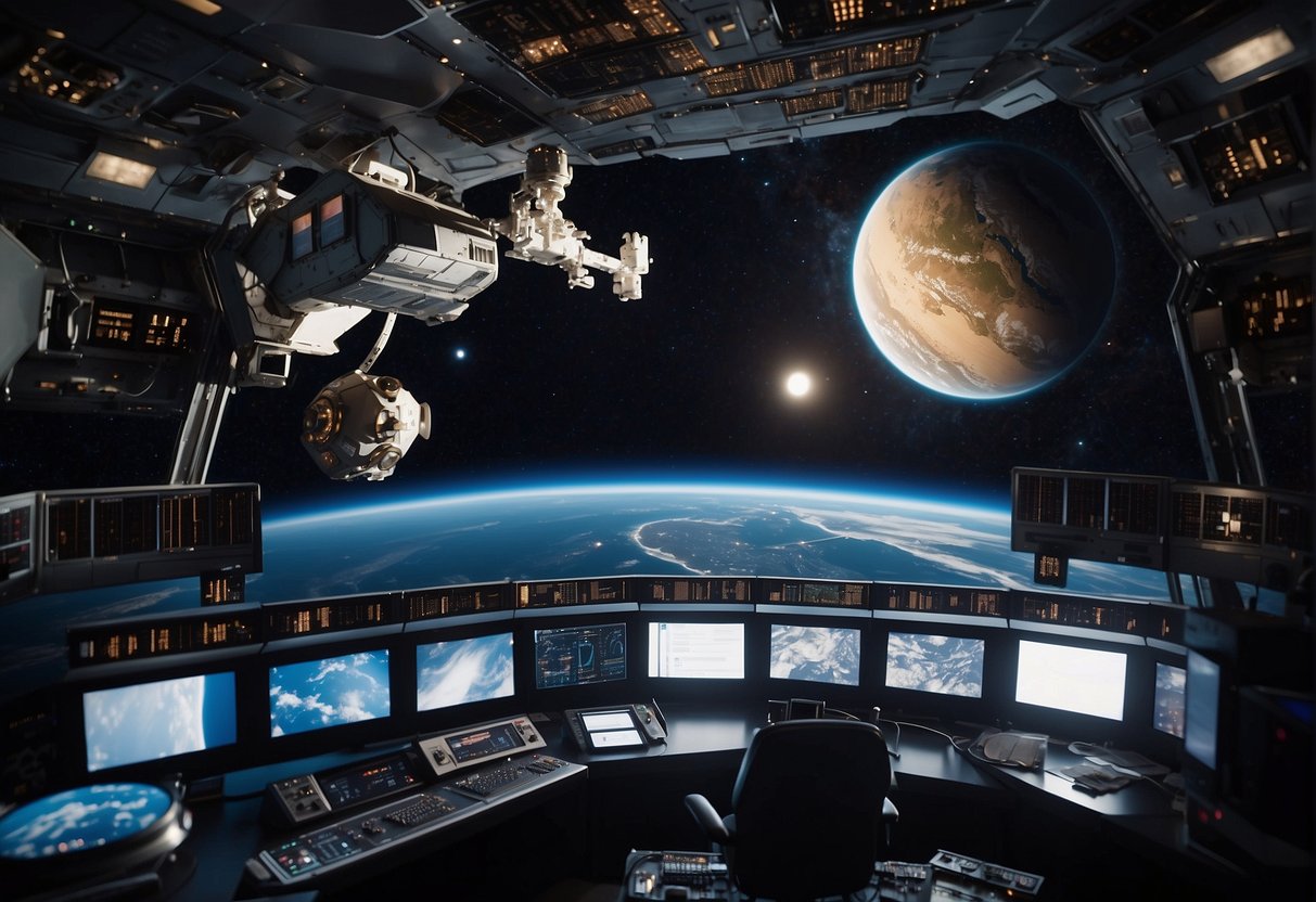 A private space station orbits Earth, surrounded by satellites. Regulatory documents and operational equipment fill the control room