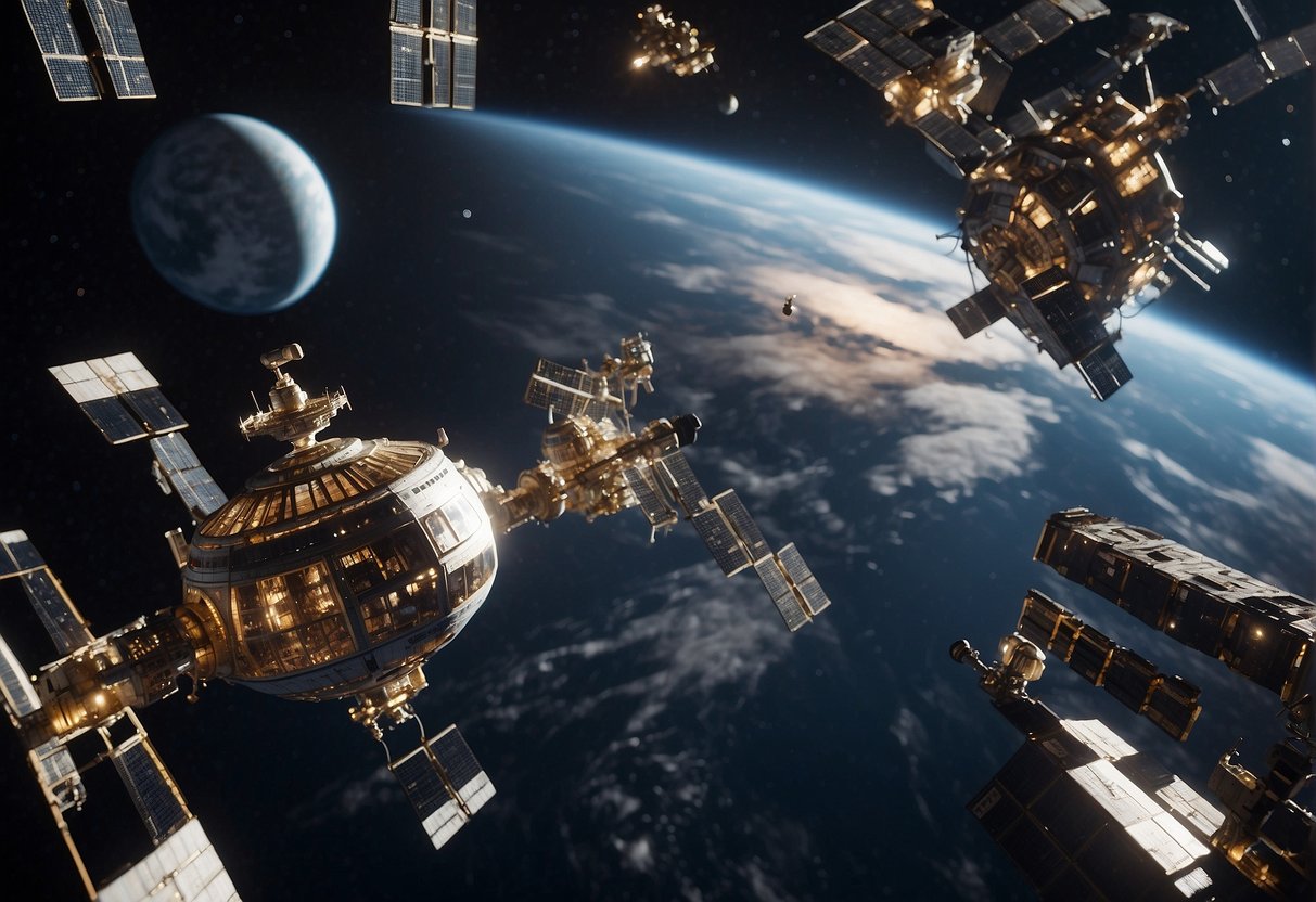 Multiple space stations orbiting Earth, with spacecraft from emerging space nations collaborating alongside private stations. Regulatory challenges evident