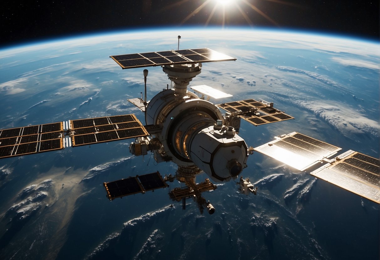 A space station orbits Earth, surrounded by satellites and spacecraft. Regulatory documents float in zero gravity. The station's solar panels glisten in the sunlight