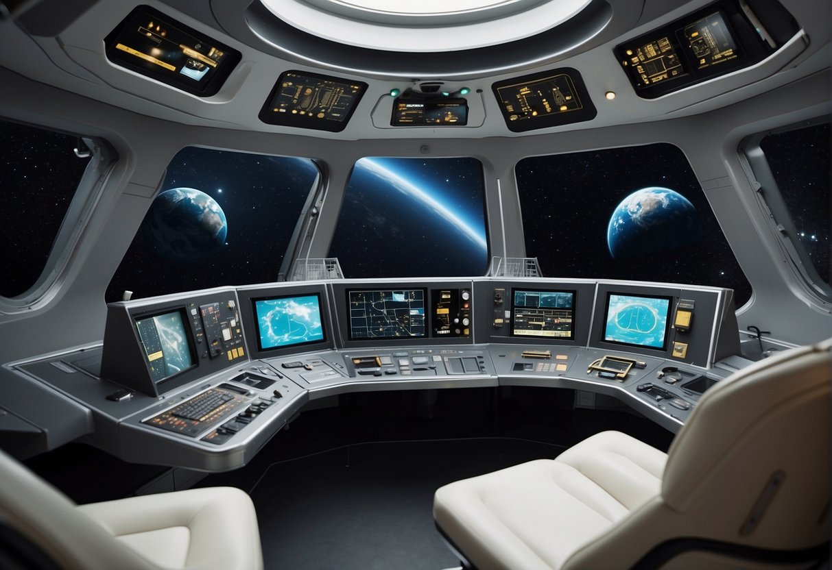 A spacecraft interior with ergonomic controls, clear signage, and accessible equipment, designed for efficient and safe operation in zero gravity