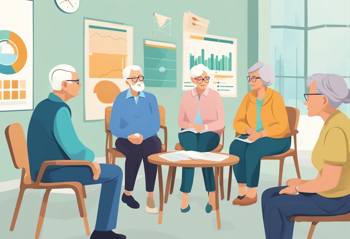 A group of elderly individuals sitting in a circle, discussing mental health. Charts and graphs on the wall show prevalence rates of various psychiatric disorders