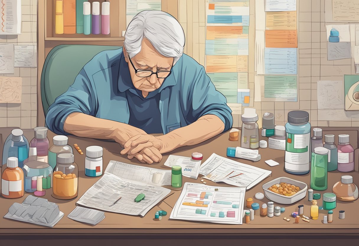 Elderly person with anxiety and depression, surrounded by medications and medical charts