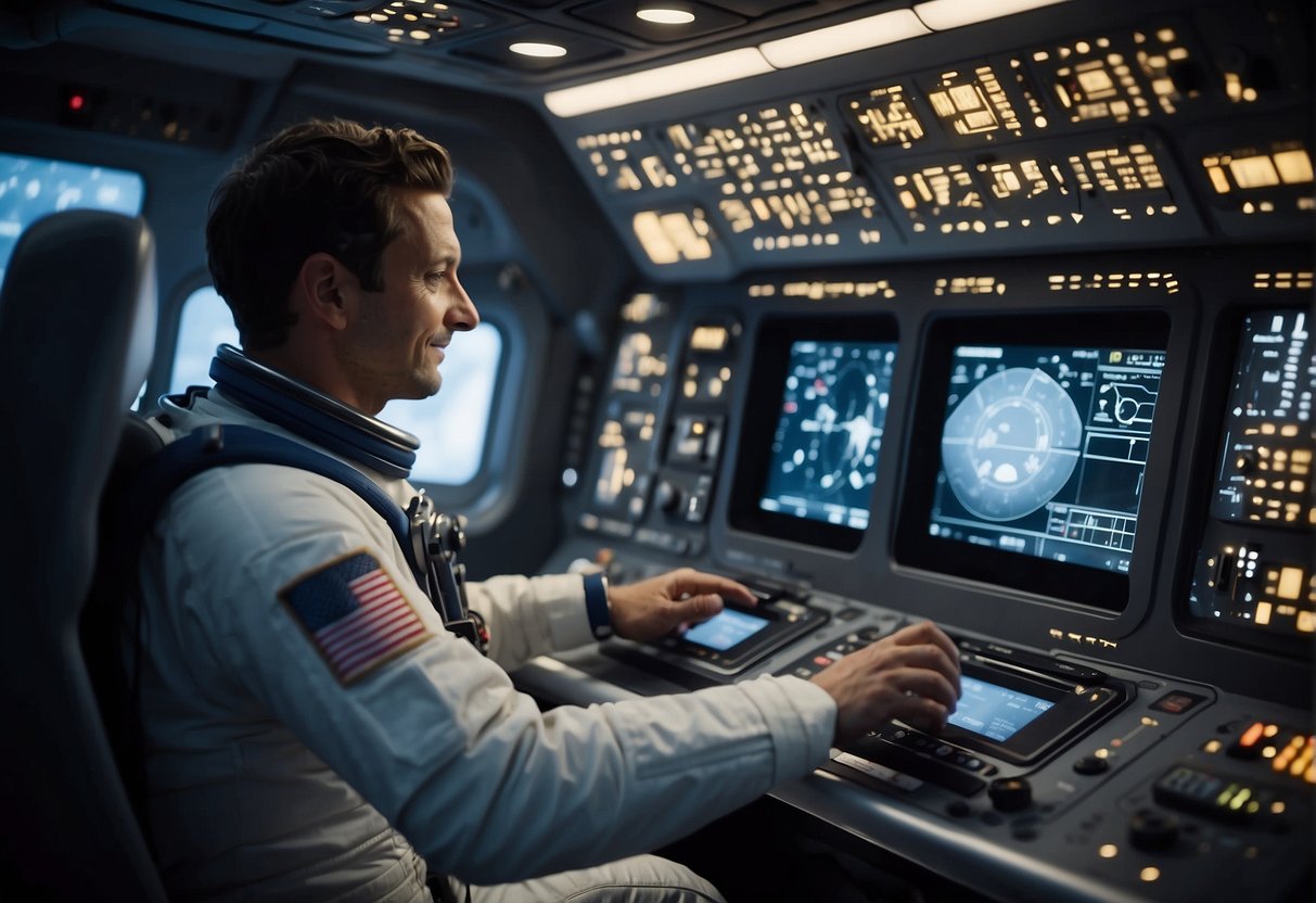 An astronaut effortlessly operates a control panel in a spacecraft, surrounded by ergonomic design features and intuitive interfaces