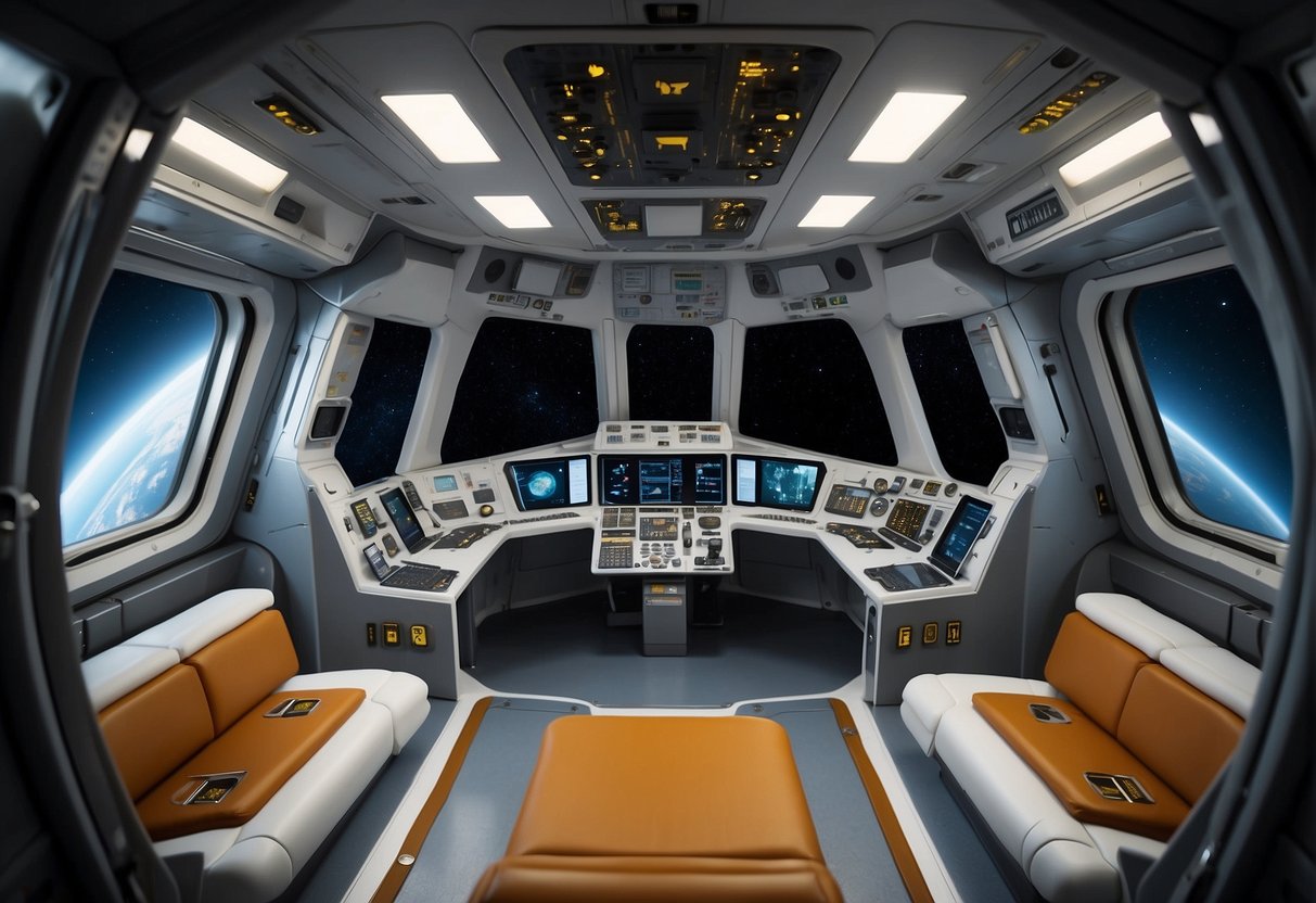 A spacecraft interior with clear labeling, ergonomic controls, and easy access to emergency equipment