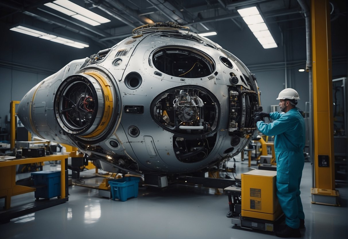 A spacecraft being dismantled and recycled in a controlled environment, with technicians wearing protective gear and using specialized tools