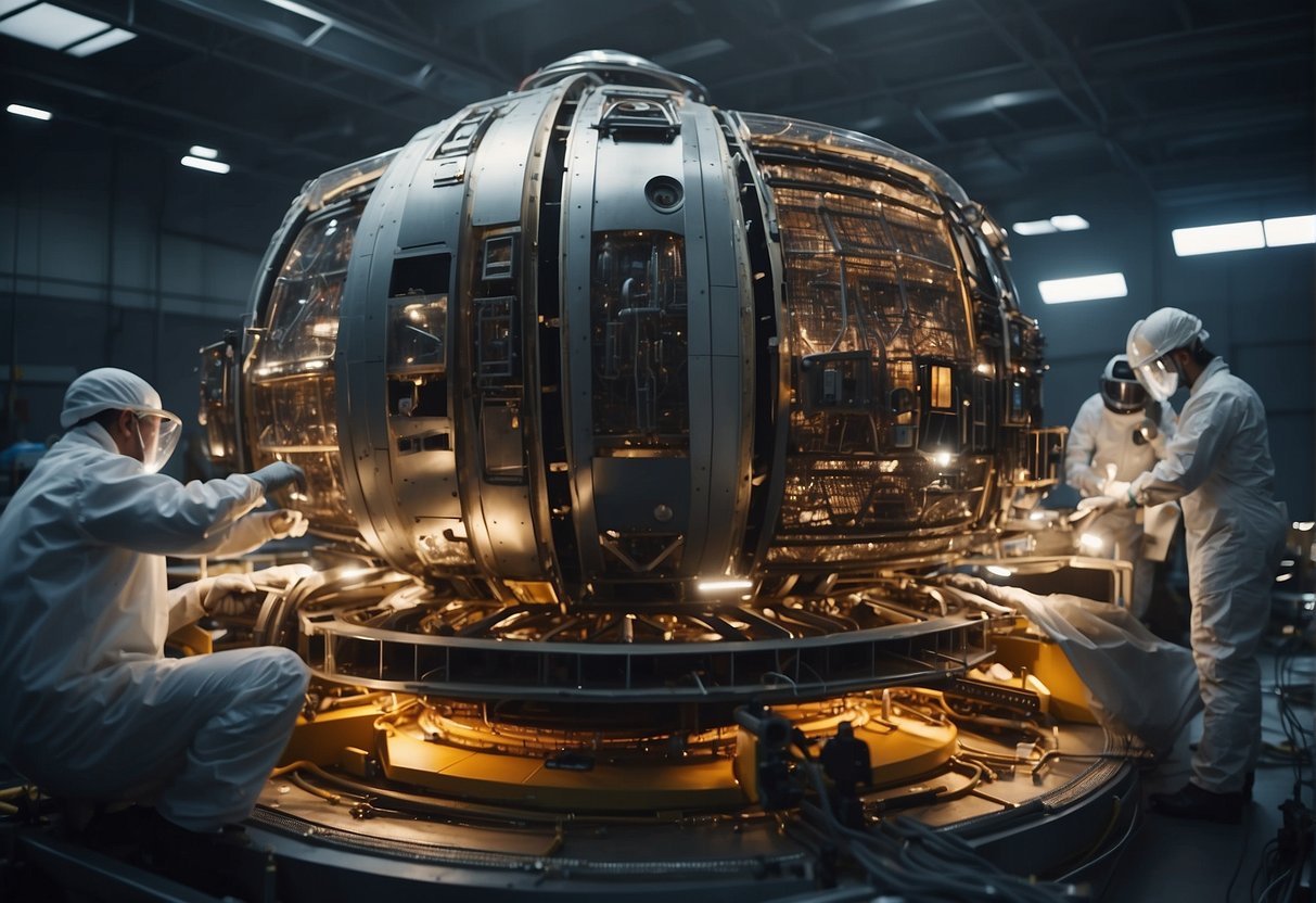 A spacecraft being dismantled in a controlled environment, with workers wearing protective gear. Various components and materials are carefully handled and sorted for disposal or recycling