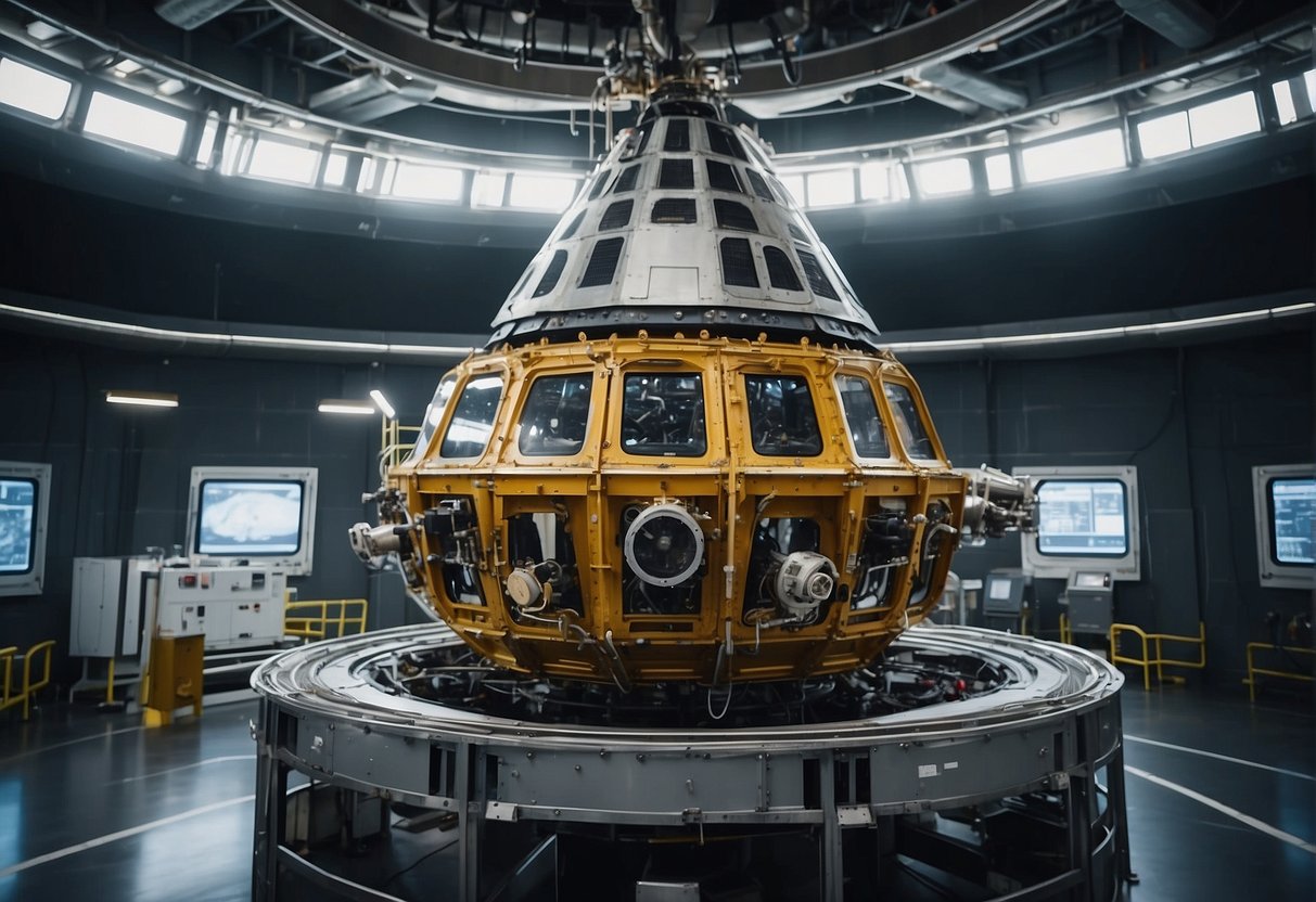 A spacecraft being carefully dismantled and processed in a controlled environment, with a focus on ethical and technical considerations for its decommissioning