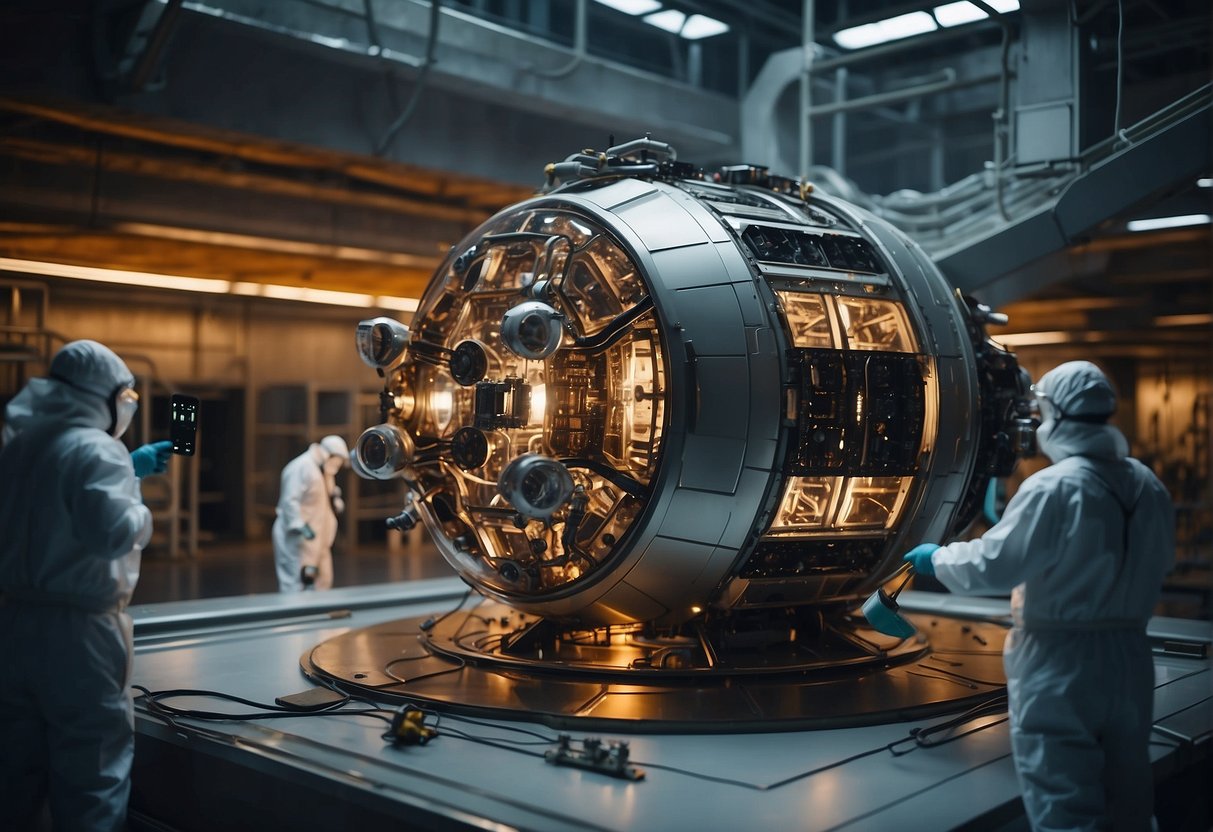 A spacecraft being dismantled in a controlled environment with technicians wearing protective gear and using specialized tools