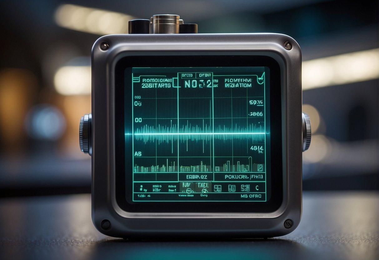 A spacecraft's radiation monitor beeps as it records high levels of cosmic radiation. Electronic components are shielded and protected by specialized materials