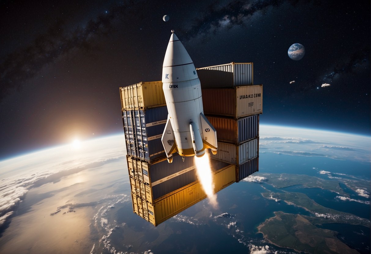 Supply Chain Management for Space Missions - Cargo containers loaded onto a rocket, launching from Earth into orbit. Multiple stages of transportation and handling depicted