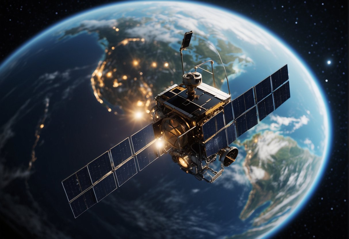 A satellite orbiting Earth with data being securely transmitted using blockchain technology