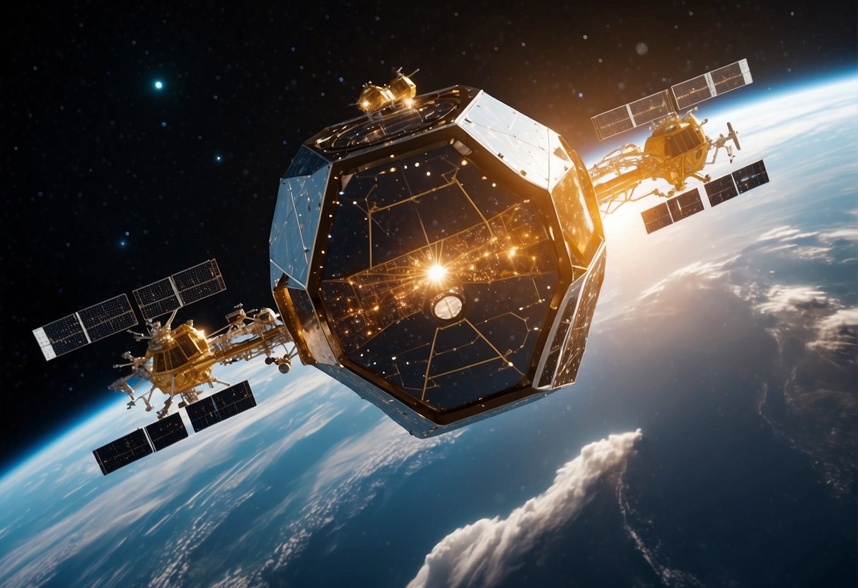 A satellite orbiting Earth while sending and receiving data through a network of interconnected nodes, all secured and verified through blockchain technology