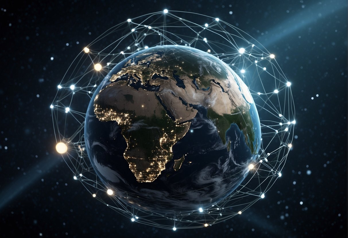 A network of satellites communicates data to a central blockchain hub, tracking and managing space traffic and monitoring debris