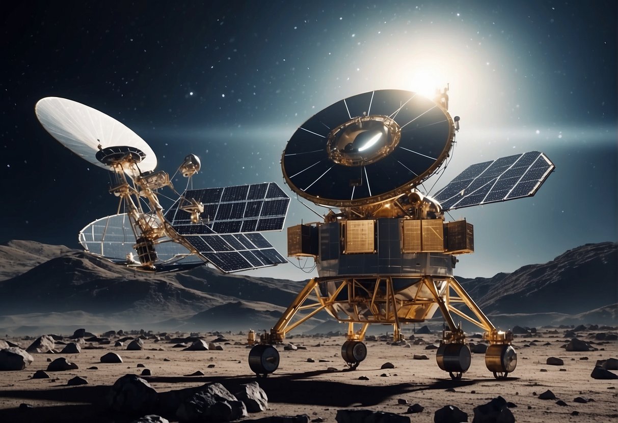 Communication Networks for Lunar Bases - A network of communication satellites orbits the moon, connecting lunar bases with Earth. Solar panels power the resilient system