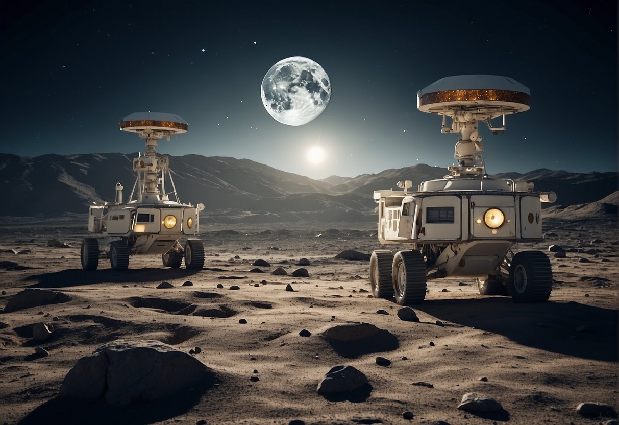 Rovers traverse rugged lunar terrain, while communication towers withstand harsh lunar conditions