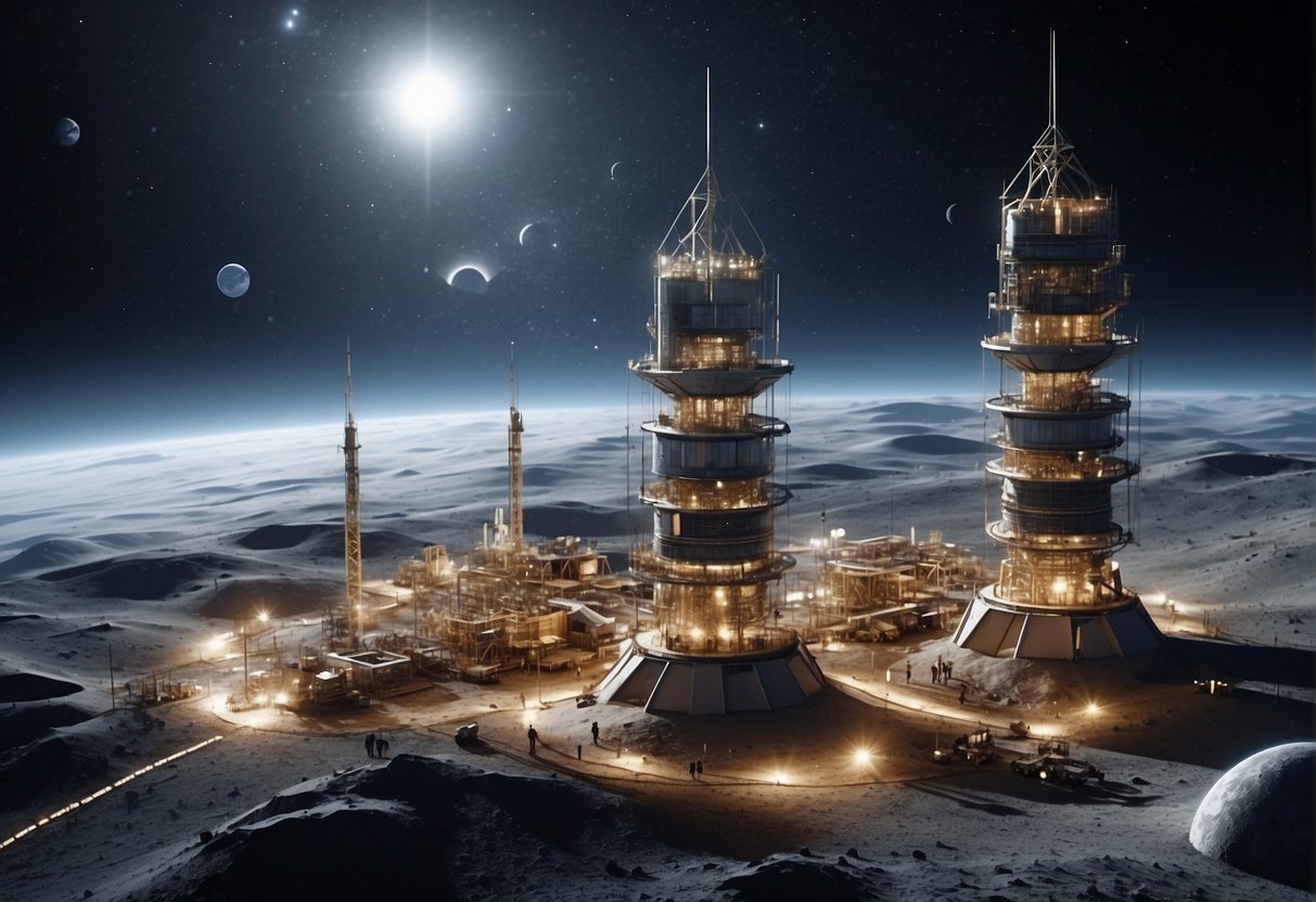 A network of communication towers and satellites are being constructed on the lunar surface, connecting various lunar bases and providing resilient communication capabilities