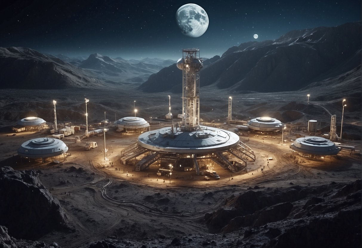 A lunar base with communication towers and satellites, surrounded by rugged terrain and craters. A team of engineers works on building and maintaining the network