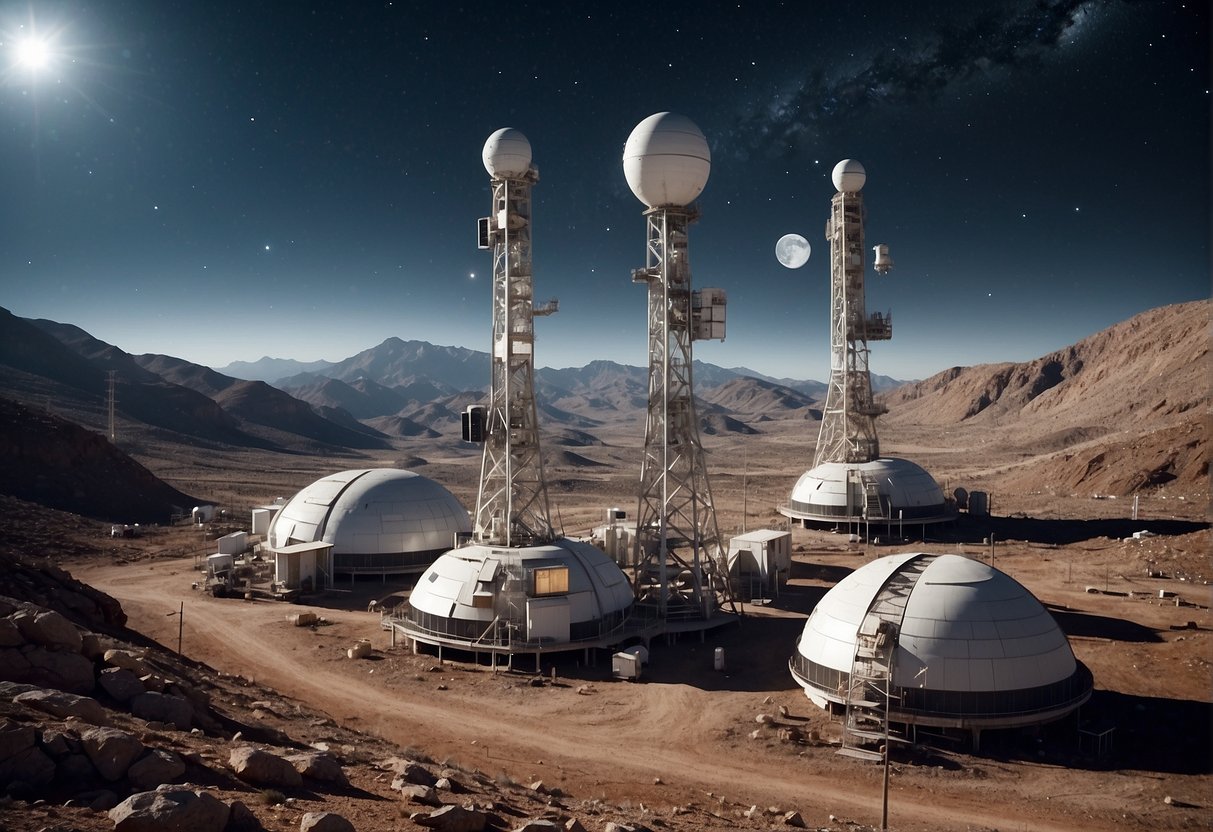 A lunar base with communication towers and satellite dishes, surrounded by rocky terrain and a starry sky