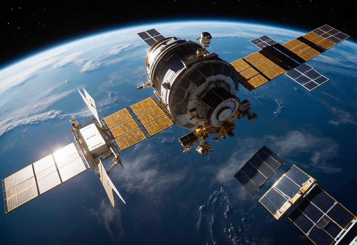 A space station orbits Earth, with docking ports for commercial spacecraft. Solar panels provide power, while astronauts conduct maintenance. Earth looms in the background