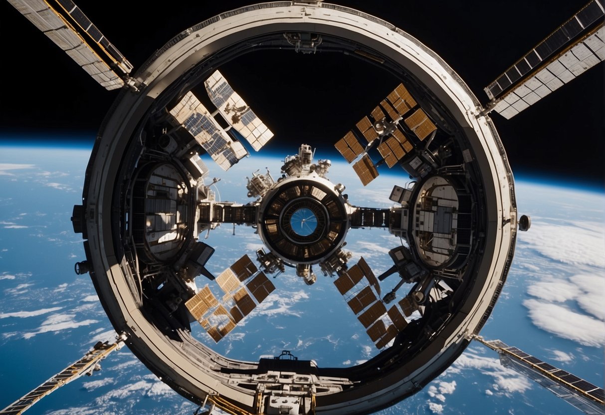 A space station with docking ports for civilian spacecraft, surrounded by floating debris and equipment. A team of engineers and technicians work to maintain and repair the station's infrastructure