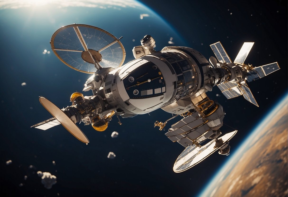 Spacecraft docking with space station, civilians floating in zero gravity, Earth in background