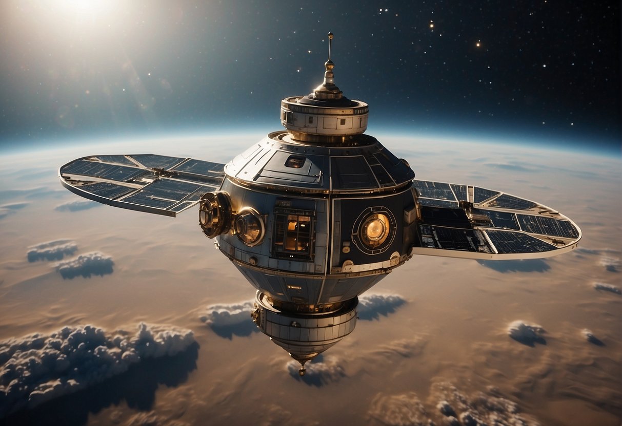 A spacecraft hovers in the vastness of space, with Earth in the background. The vessel is equipped with advanced technology and life support systems, ready to host civilians for a journey beyond our atmosphere