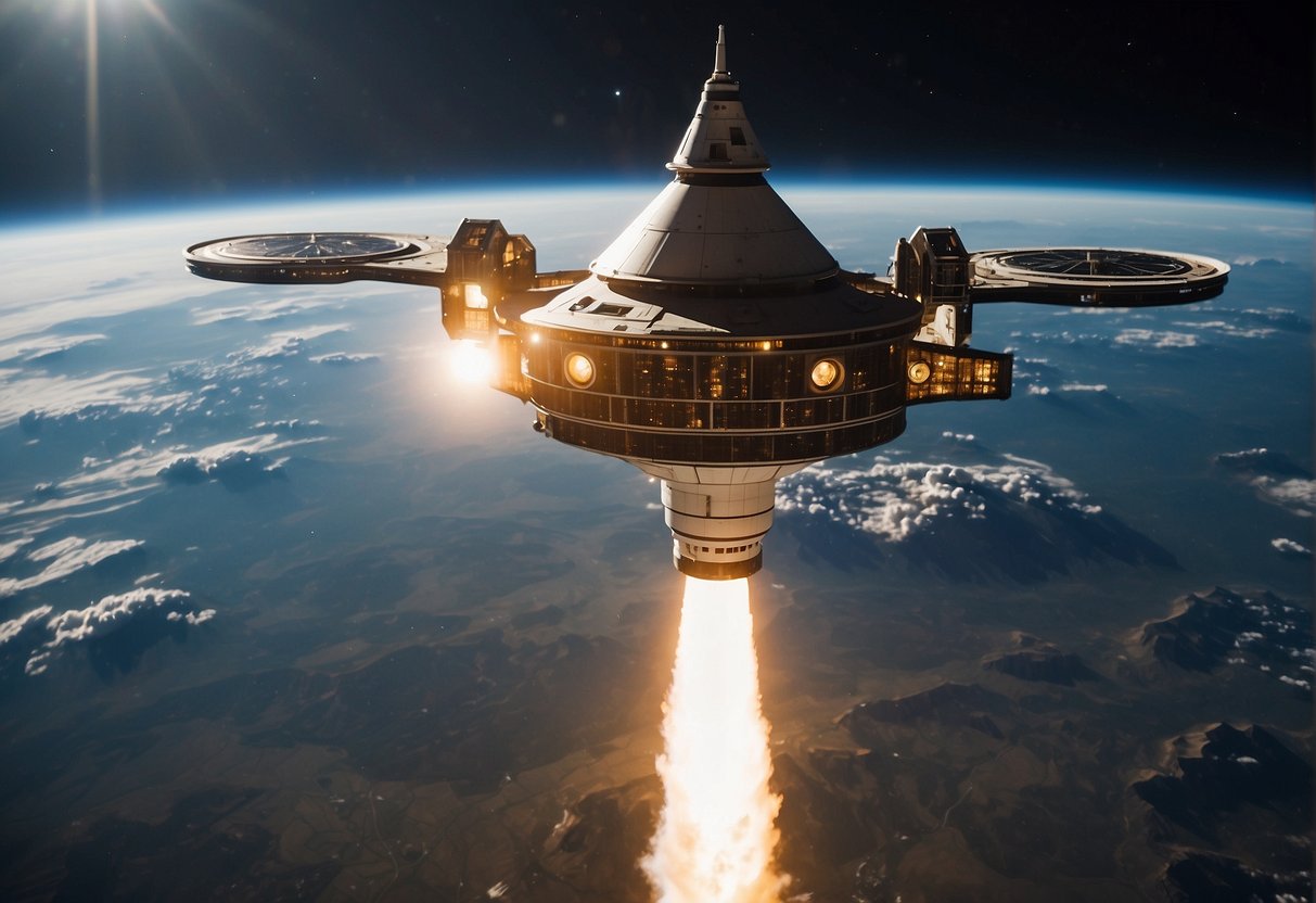 Military spacecraft orbiting Earth, while civilian vessels launch from a nearby spaceport. Advanced technology and infrastructure support both military and civilian space exploration